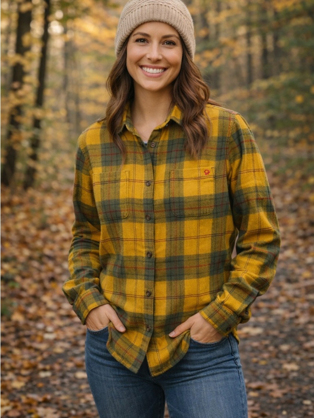 Woolly Dry Goods Plaid Flannel Shirt M Mustard Olive Button Front Granola Forest
